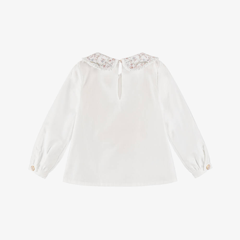 Atelier Choux Paris-Girls White Cotton Blouse with Toile De Jouy Collar | Childrensalon Outlet