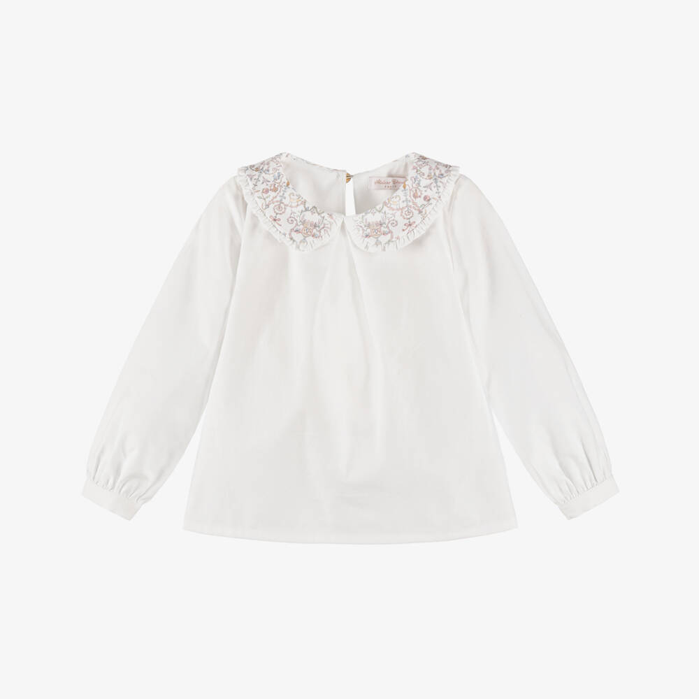 Atelier Choux Paris-Girls White Cotton Blouse with Toile De Jouy Collar | Childrensalon Outlet