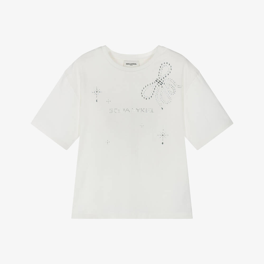Sonia Rykiel Paris-Girls White Cotton DiamantÃ© Logo T-Shirt | Childrensalon Outlet