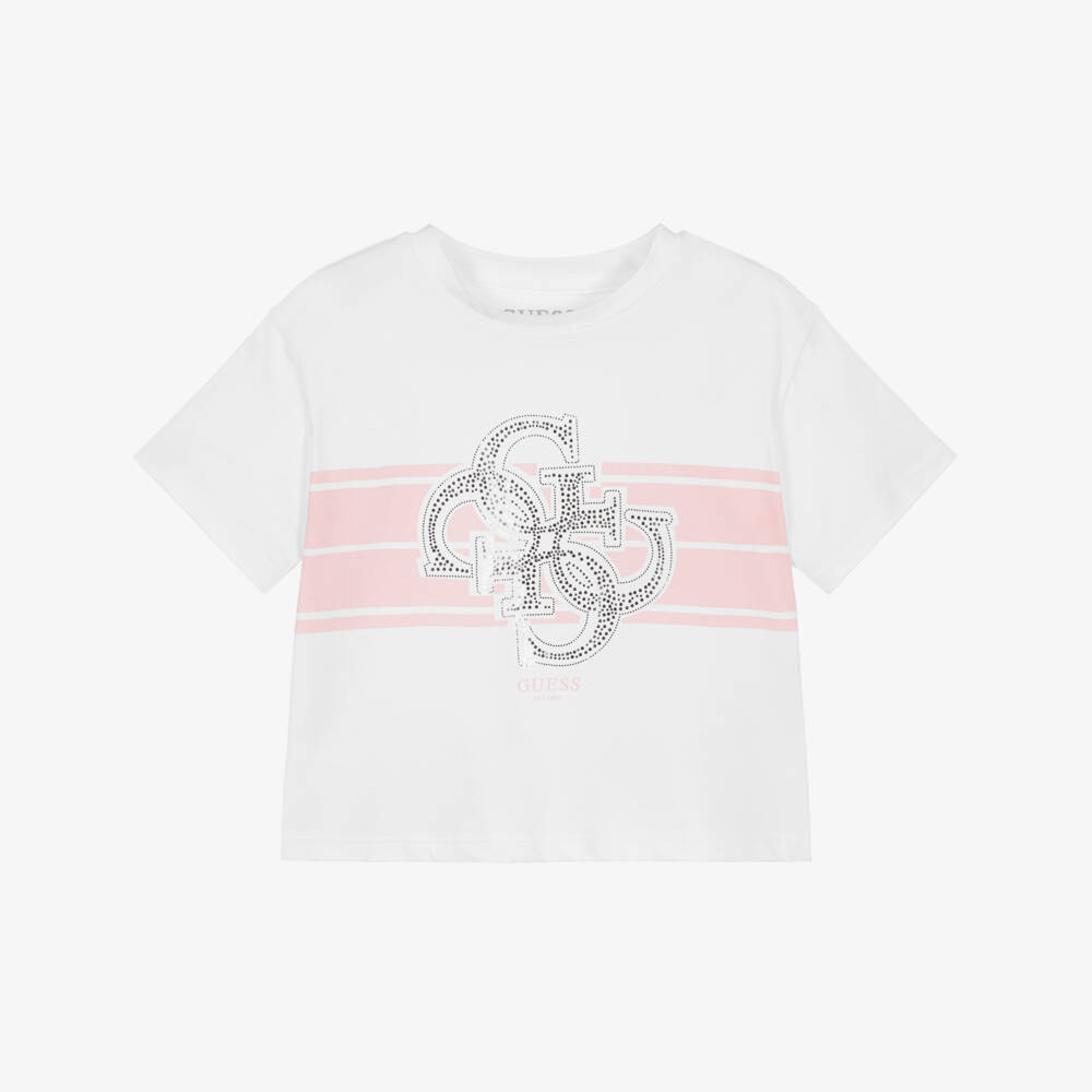 Guess-Girls White Cotton Diamanté Logo T-Shirt | Childrensalon Outlet