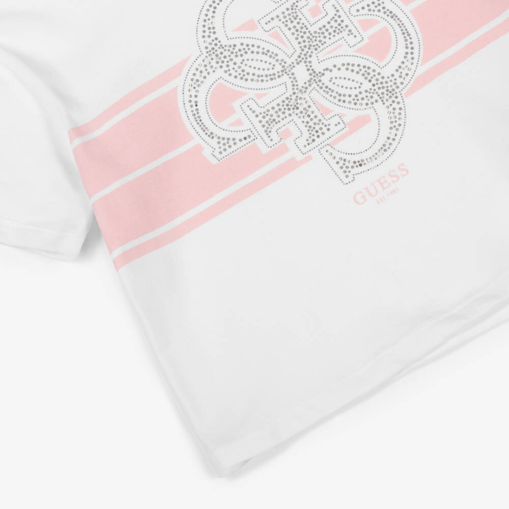 Guess-Girls White Cotton Diamanté Logo T-Shirt | Childrensalon Outlet