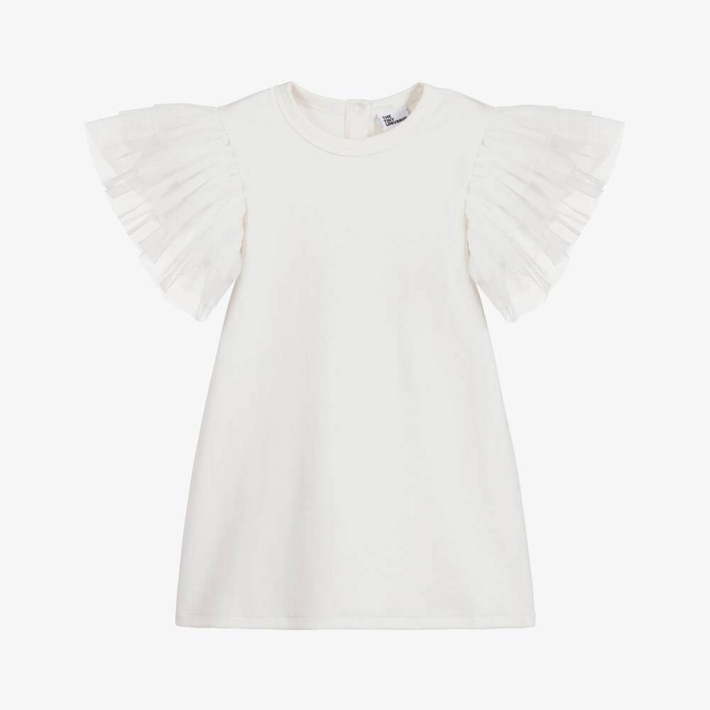 The Tiny Universe-Girls White Cotton Dress With Ruffle Sleeves | Childrensalon Outlet