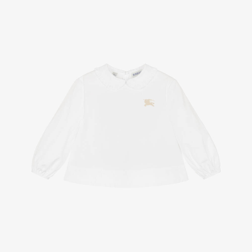 Burberry-Girls White Cotton EKD Logo Blouse | Childrensalon Outlet