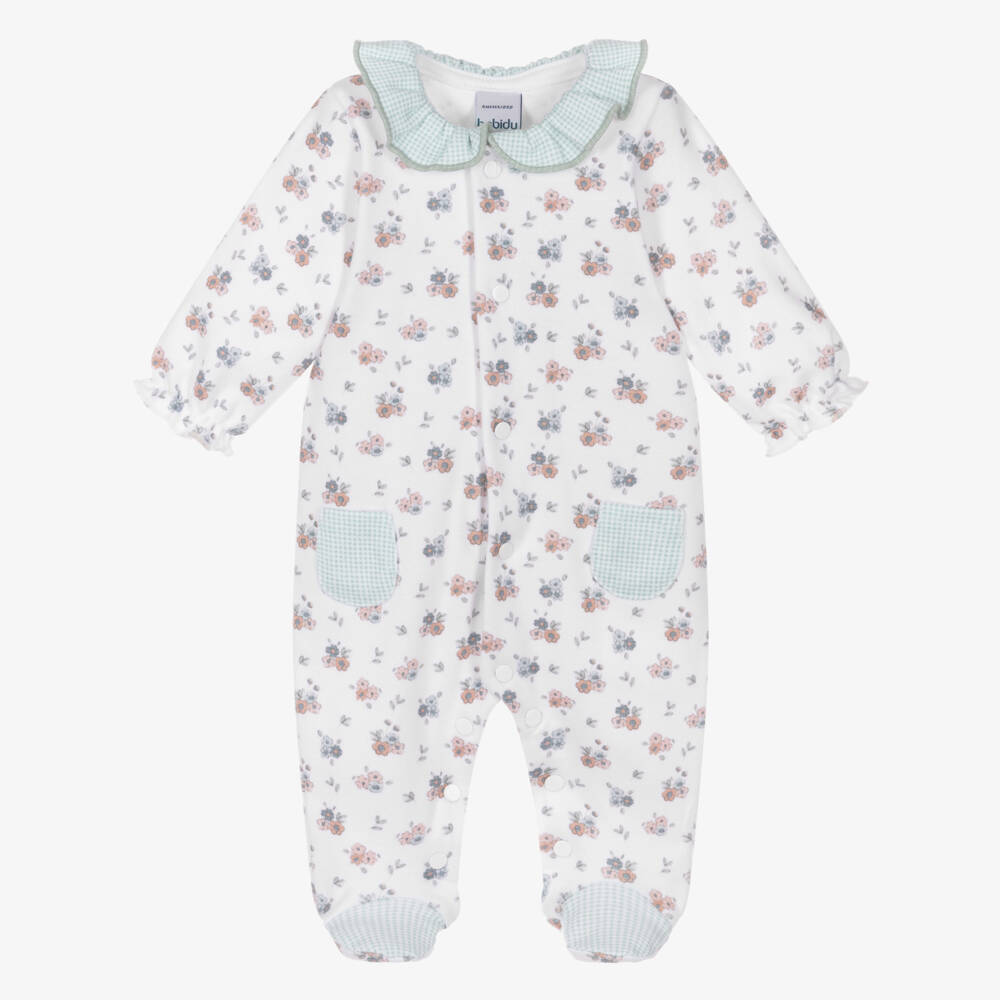 Babidu-Girls White Cotton Floral Babygrow with Green Gingham Trims | Childrensalon Outlet
