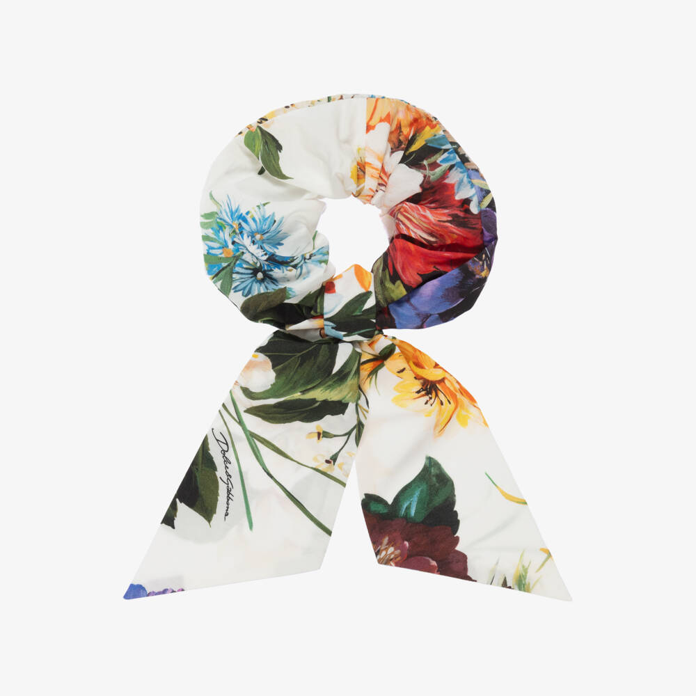 Dolce & Gabbana-Girls White Cotton Floral Hair Scrunchie | Childrensalon Outlet