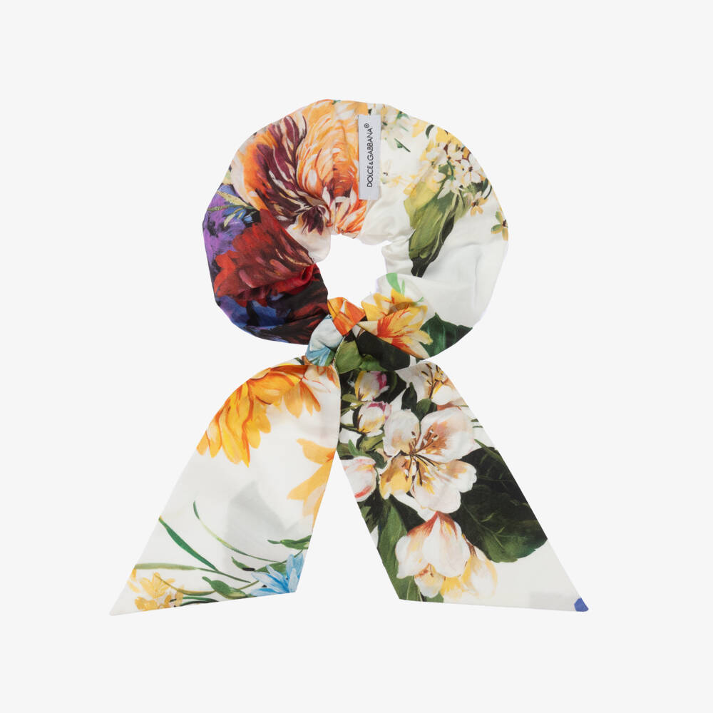 Dolce & Gabbana-Girls White Cotton Floral Hair Scrunchie | Childrensalon Outlet