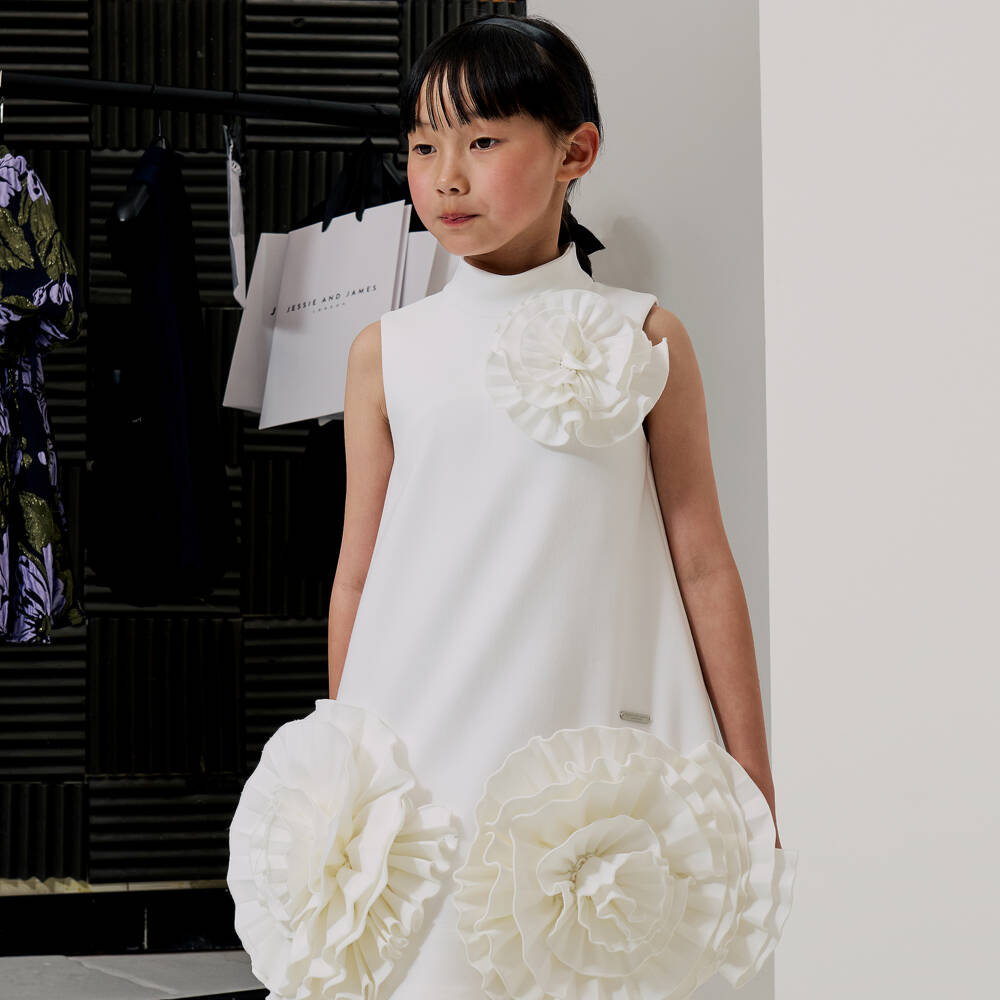 Jessie and James London-Girls White Cotton Floral Rosette Dress | Childrensalon Outlet