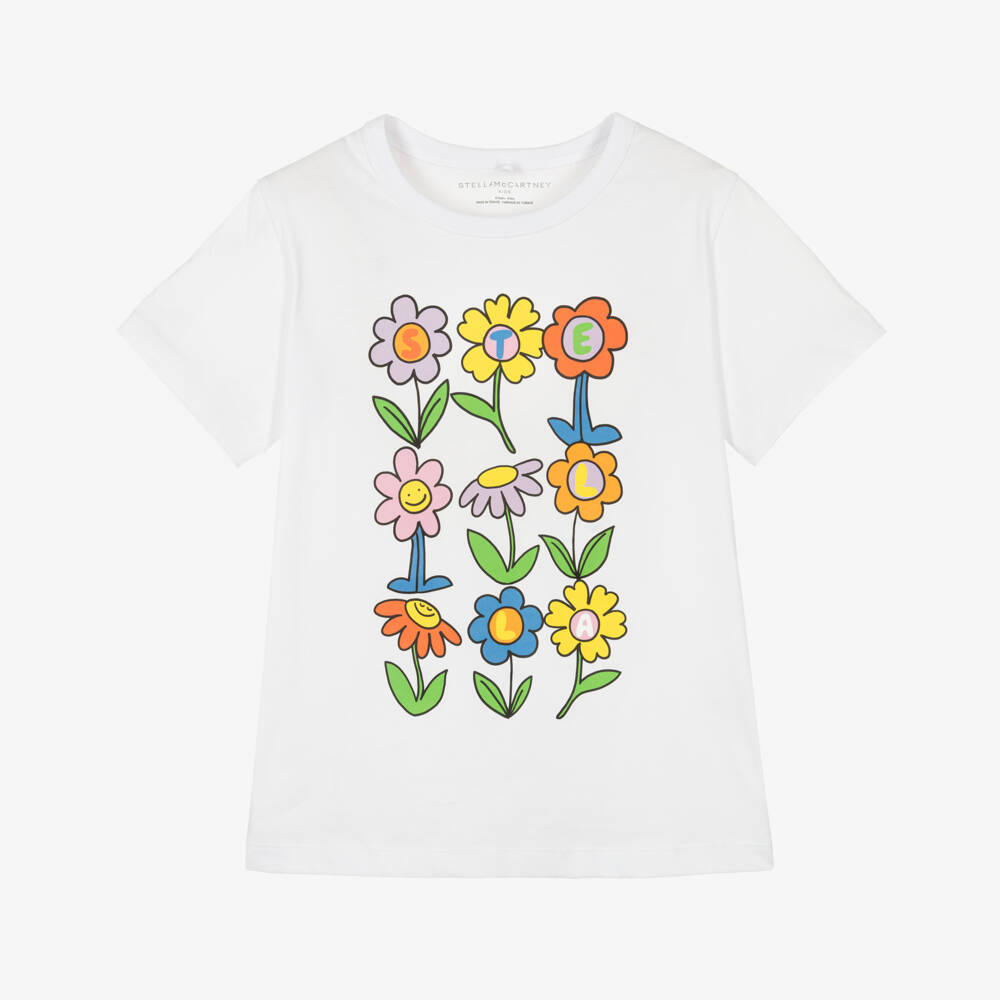 Stella McCartney Kids-Girls White Cotton Flower Logo T-Shirt | Childrensalon Outlet