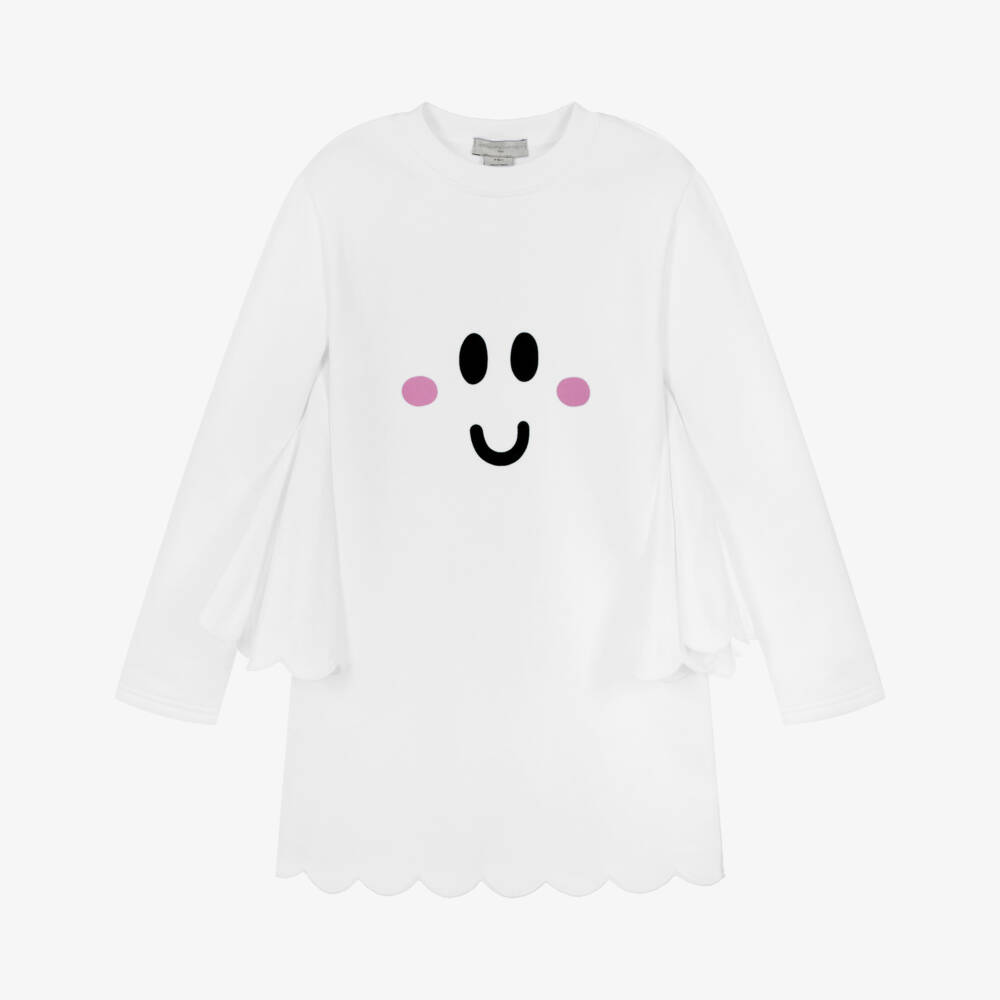 Stella McCartney Kids-فستان أبيض قطني للبنات بطبعة شبح | Childrensalon Outlet