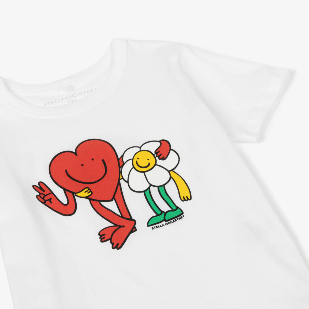 Stella McCartney Kids-Girls White Cotton Heart & Flower Logo T-Shirt | Childrensalon Outlet
