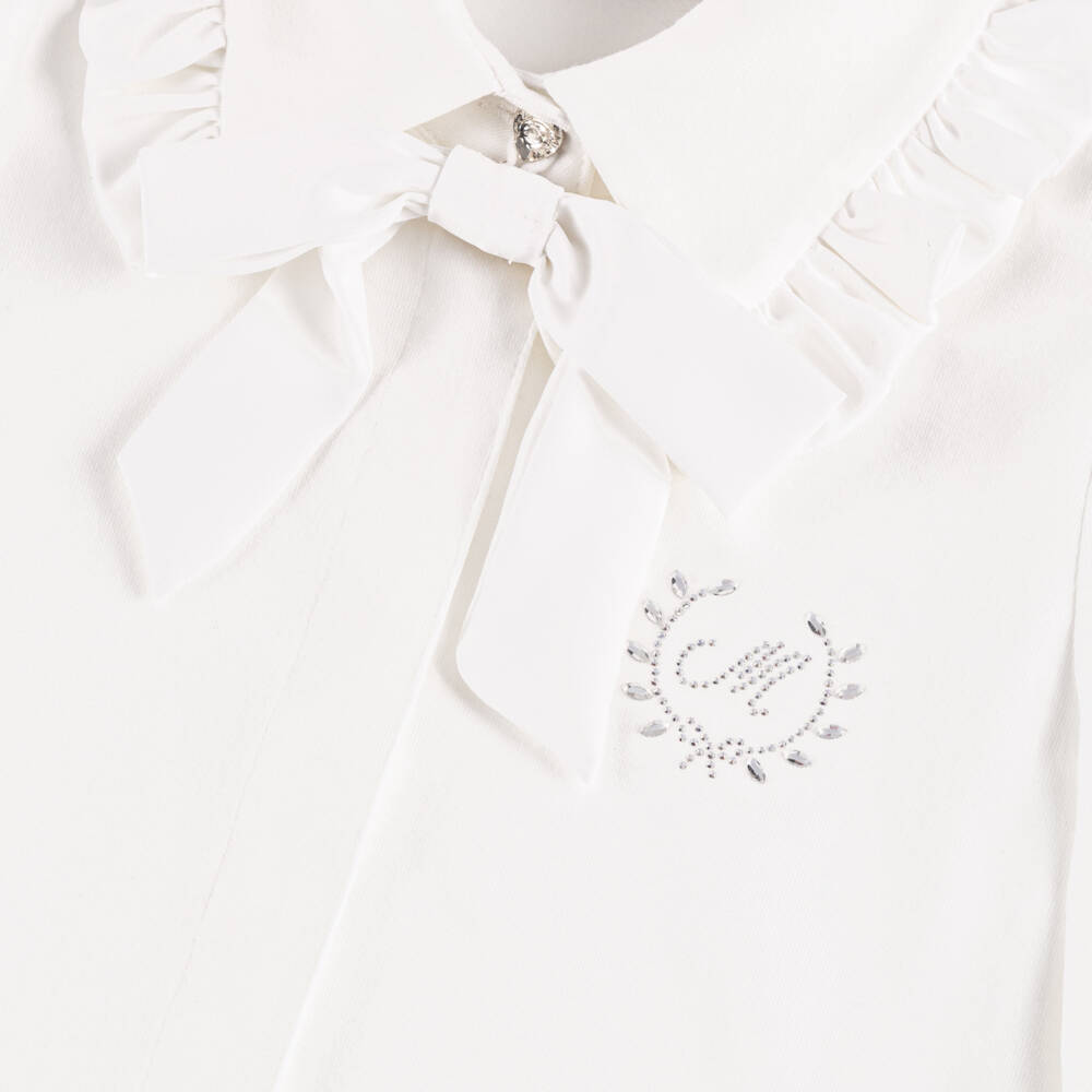 Monnalisa-Girls White Cotton Jersey Bow & Frill Collar Blouse | Childrensalon Outlet