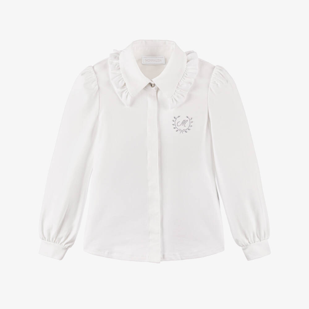 Monnalisa-Girls White Cotton Jersey Bow & Frill Collar Blouse | Childrensalon Outlet
