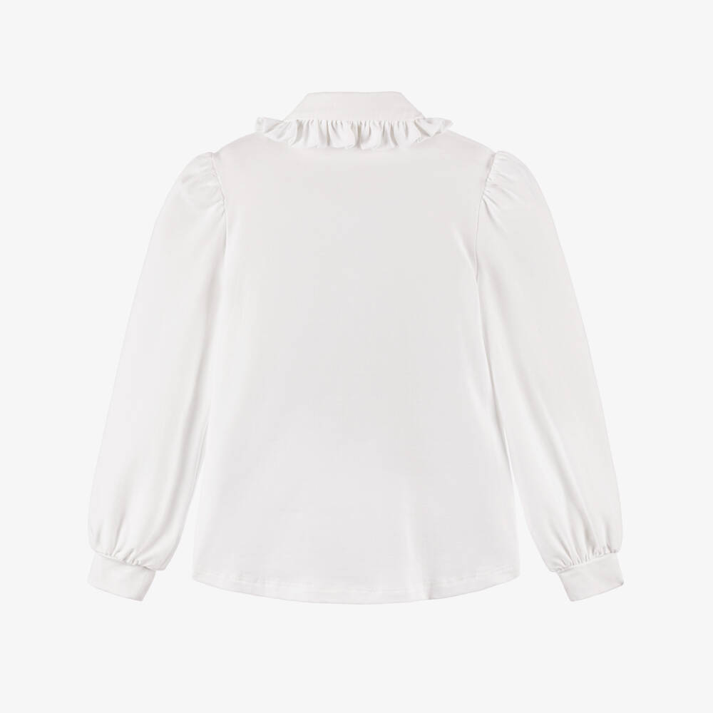 Monnalisa-Girls White Cotton Jersey Bow & Frill Collar Blouse | Childrensalon Outlet