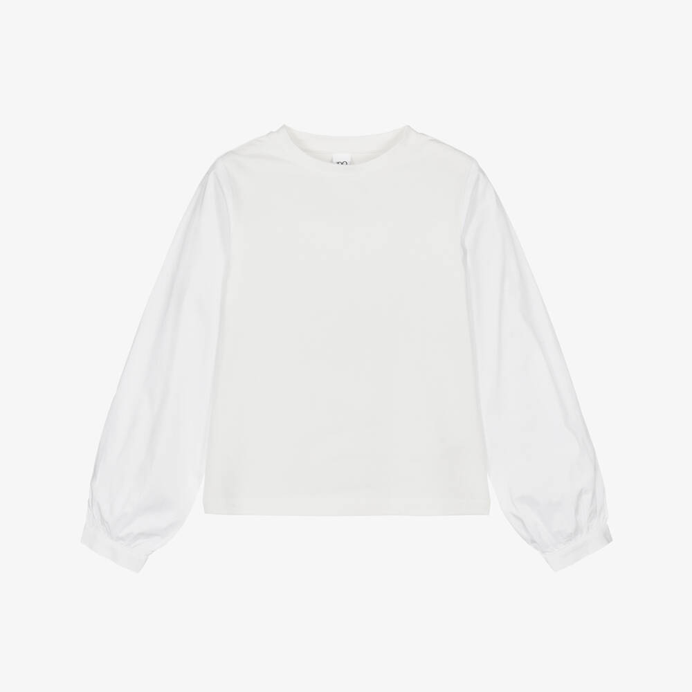 iDO-Girls White Cotton Jersey Top with Poplin Sleeves | Childrensalon Outlet