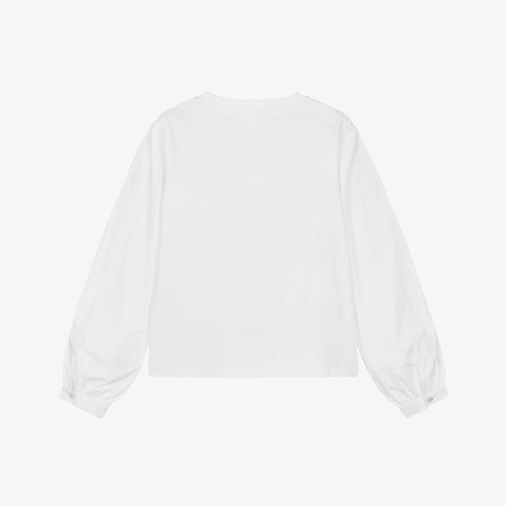 iDO-Girls White Cotton Jersey Top with Poplin Sleeves | Childrensalon Outlet
