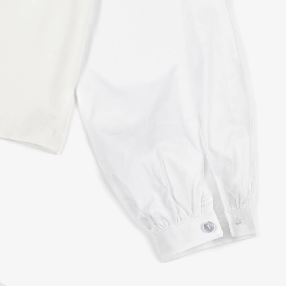 iDO-Girls White Cotton Jersey Top with Poplin Sleeves | Childrensalon Outlet