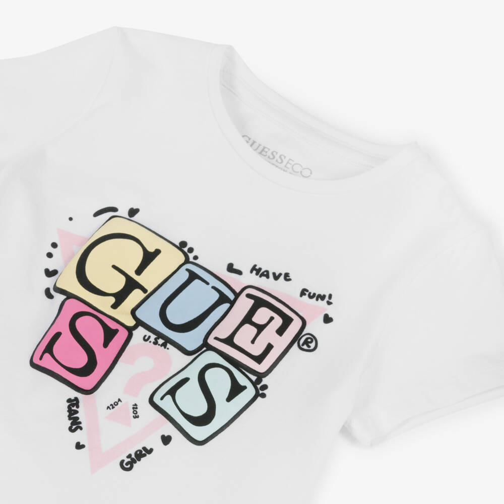 Guess-Girls White Cotton Logo Block T-Shirt | Childrensalon Outlet