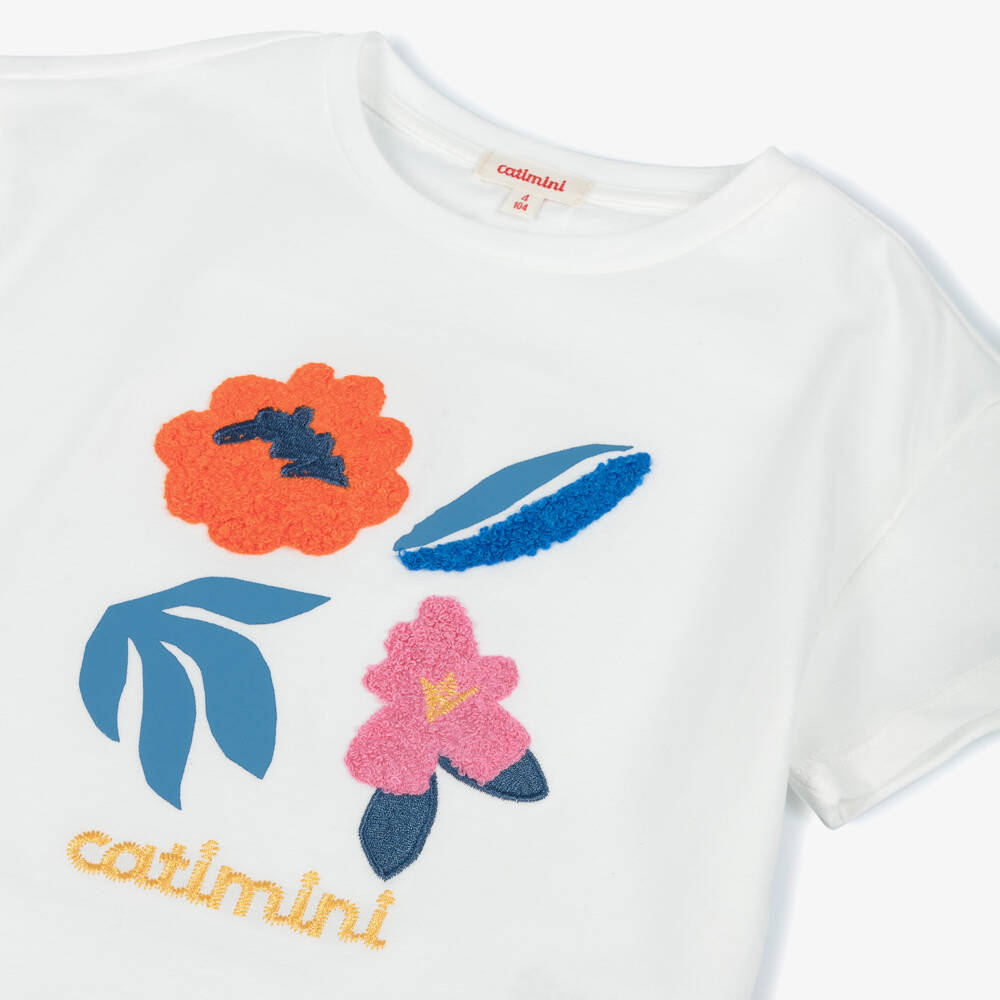 Catimini-Girls White Cotton Logo T-Shirt with Embroidered Flowers | Childrensalon Outlet