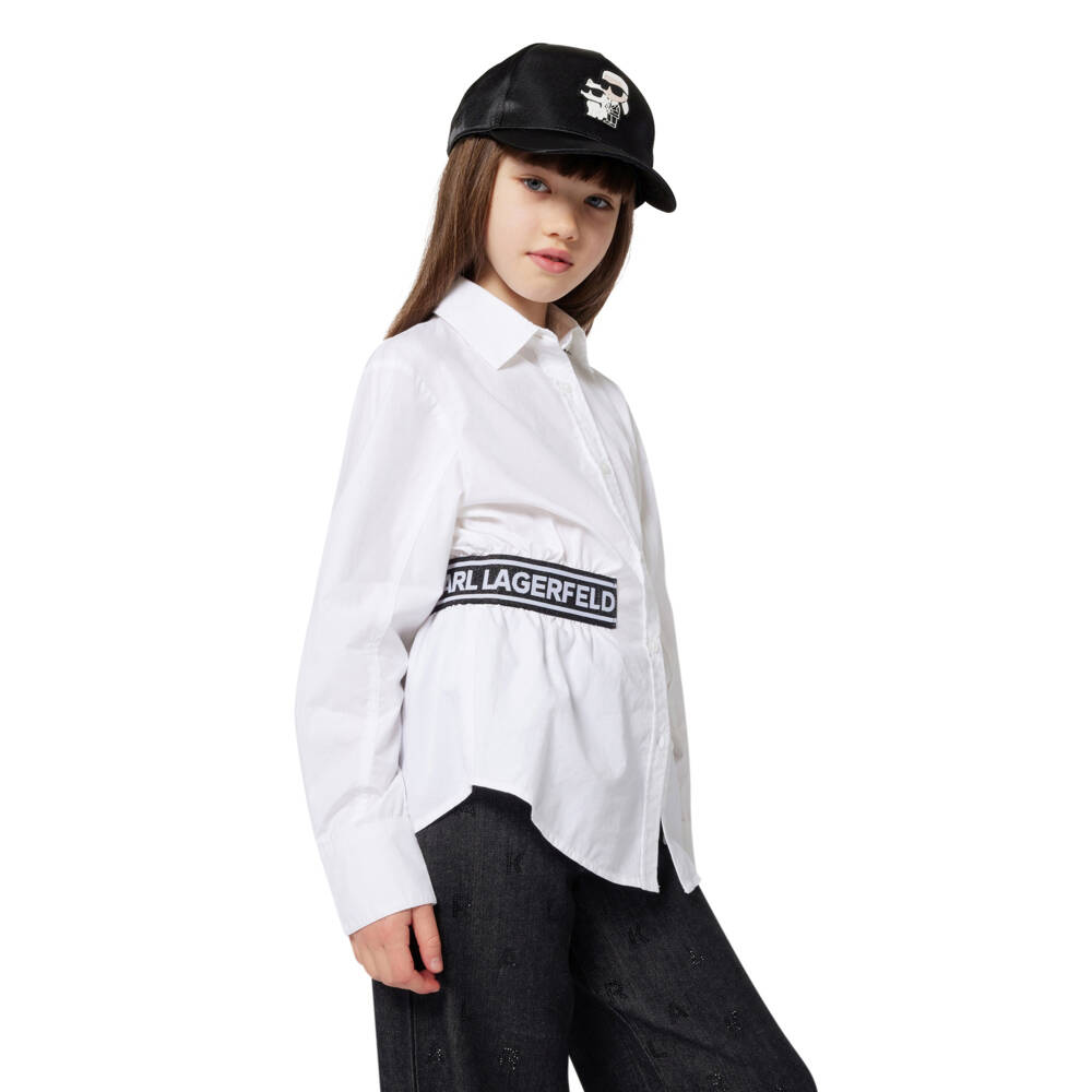 KARL LAGERFELD KIDS-Girls White Cotton Logo Waist Shirt | Childrensalon Outlet