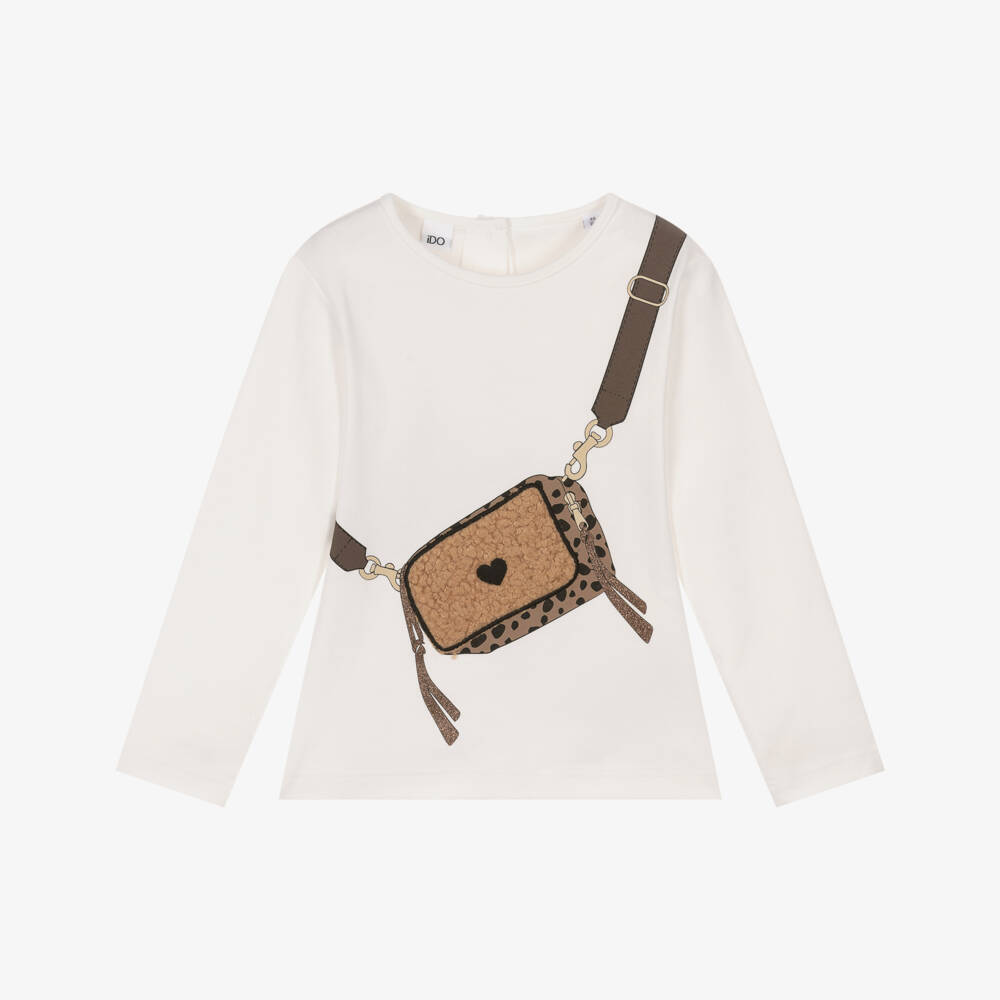 iDO-Girls White Cotton Long Sleeve Top with Handbag Print | Childrensalon Outlet
