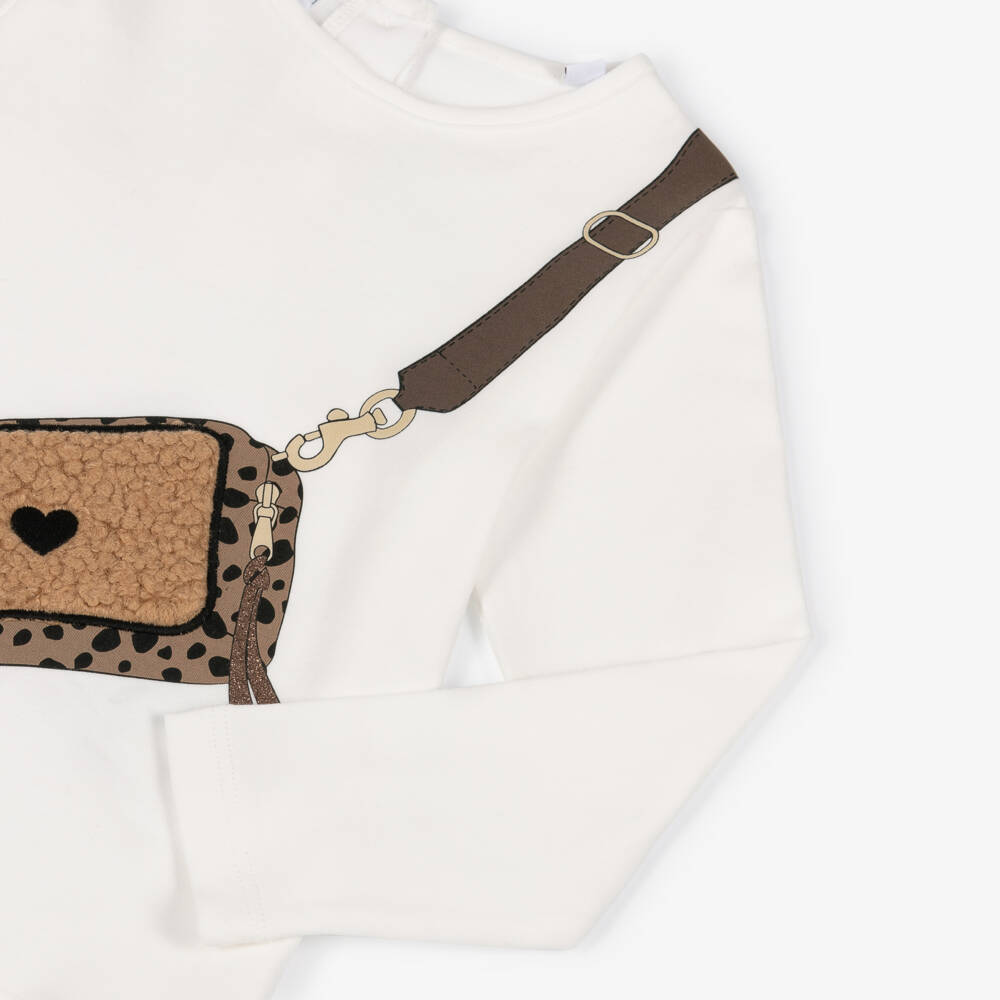 iDO-Girls White Cotton Long Sleeve Top with Handbag Print | Childrensalon Outlet