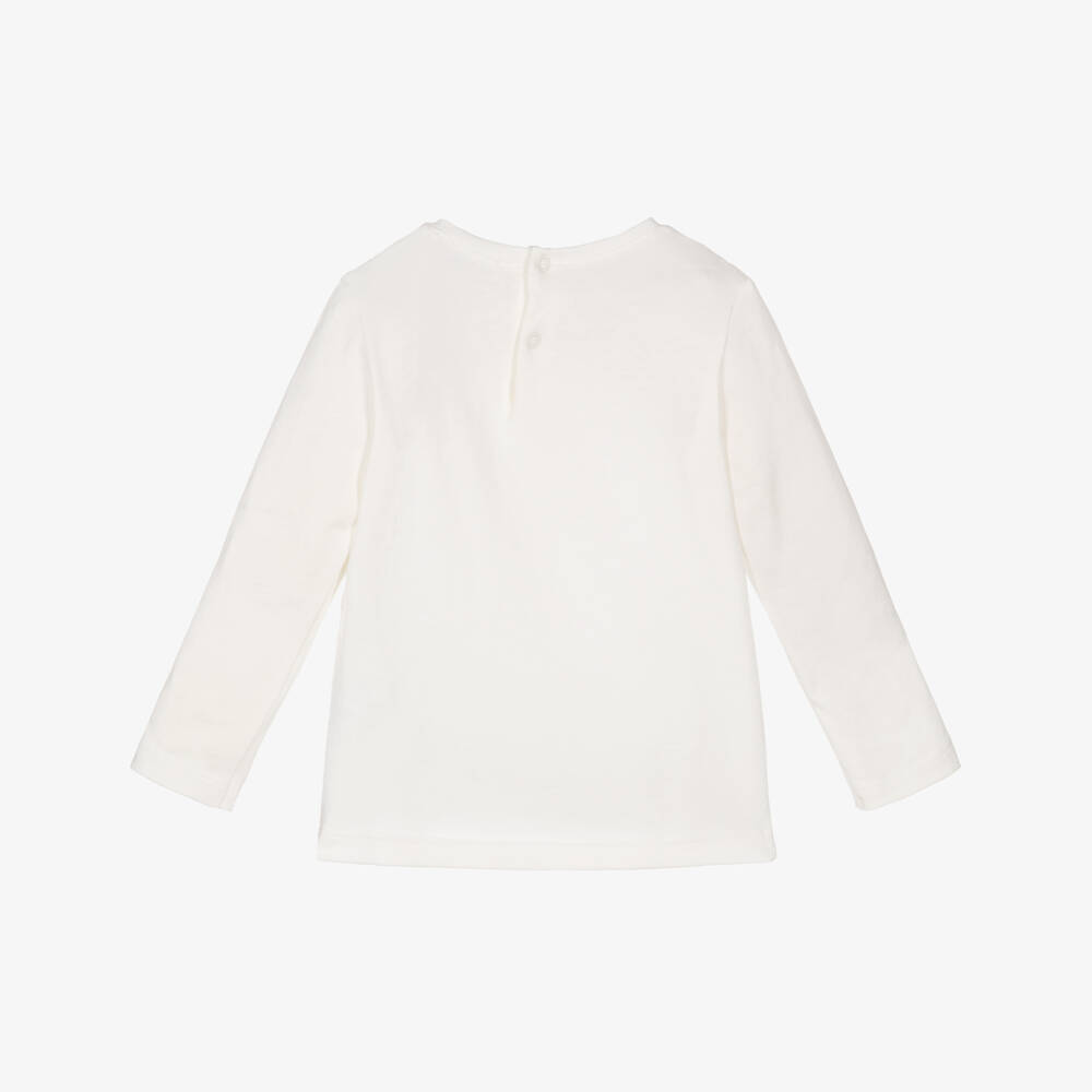 Il Gufo-Girls White Cotton Long-Sleeved Top with Bear Motif | Childrensalon Outlet