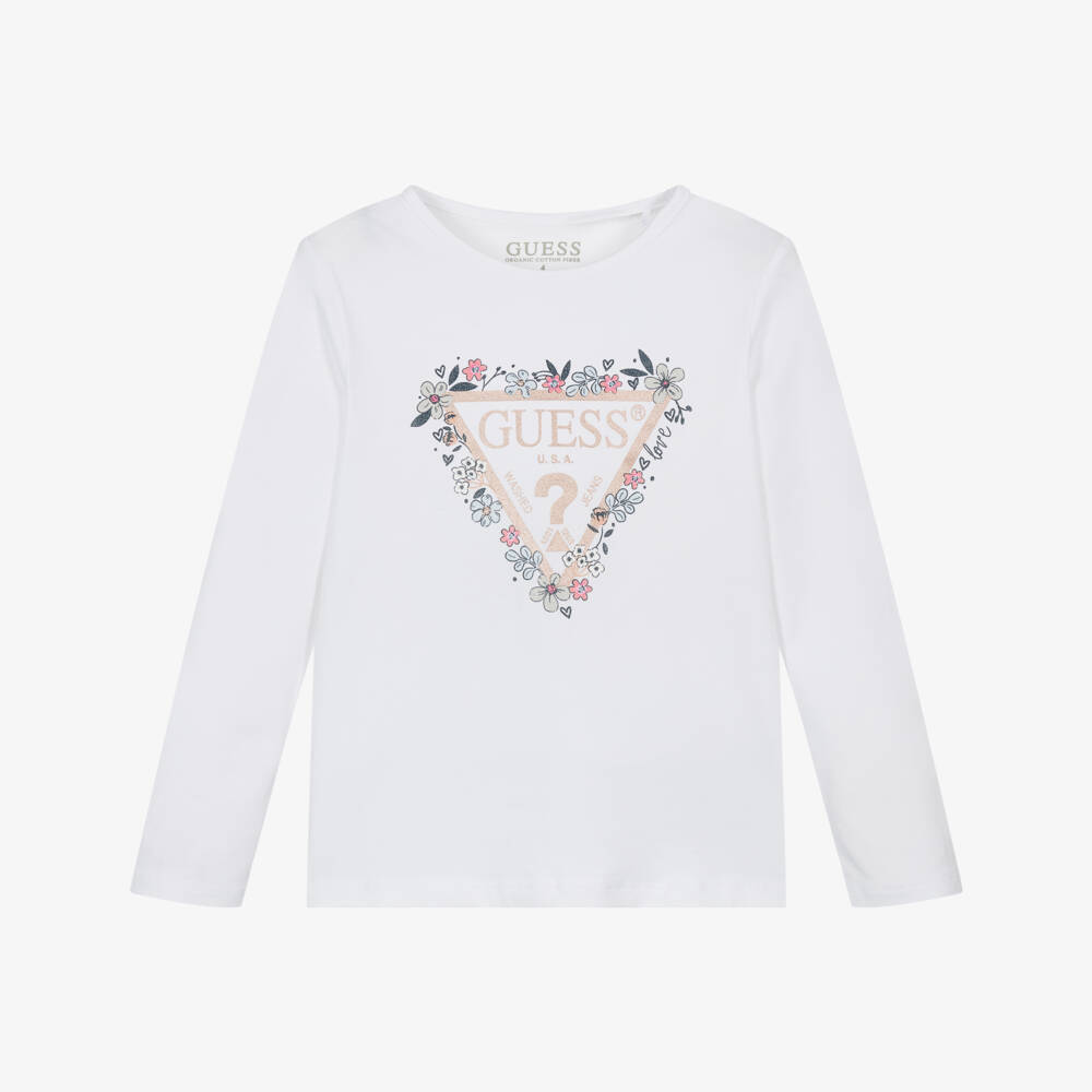 Guess-Girls White Cotton Long-Sleeved Top with Floral Triangle Logo | Childrensalon Outlet