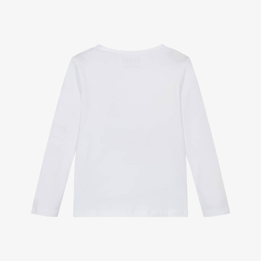 Guess-Girls White Cotton Long-Sleeved Top with Floral Triangle Logo | Childrensalon Outlet