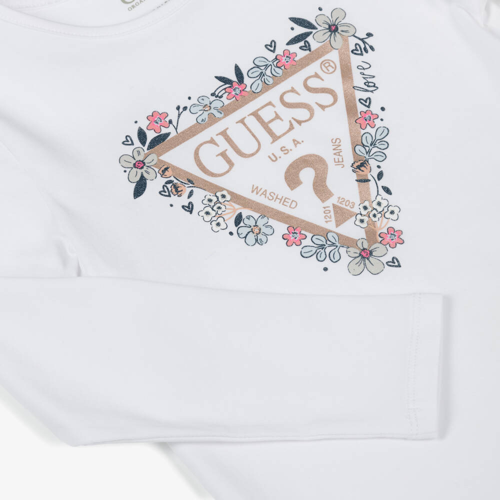 Guess-Girls White Cotton Long-Sleeved Top with Floral Triangle Logo | Childrensalon Outlet