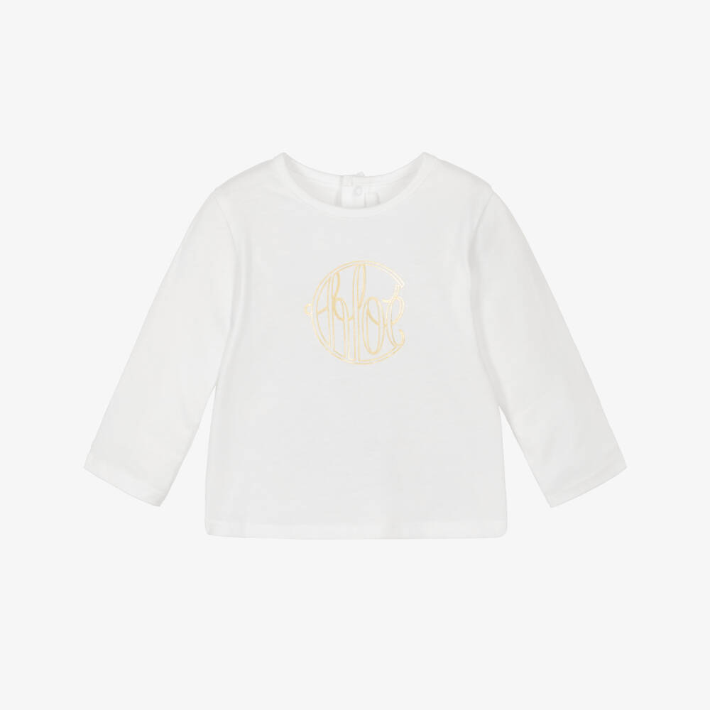 Chloé-Girls White Cotton Long-Sleeved Top with Gold Foil Logo | Childrensalon Outlet