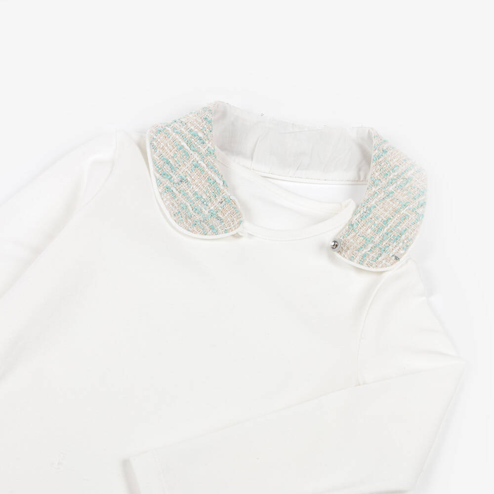 Lapin House-Girls White Cotton Long-Sleeved Top with Green Tweed Collar | Childrensalon Outlet
