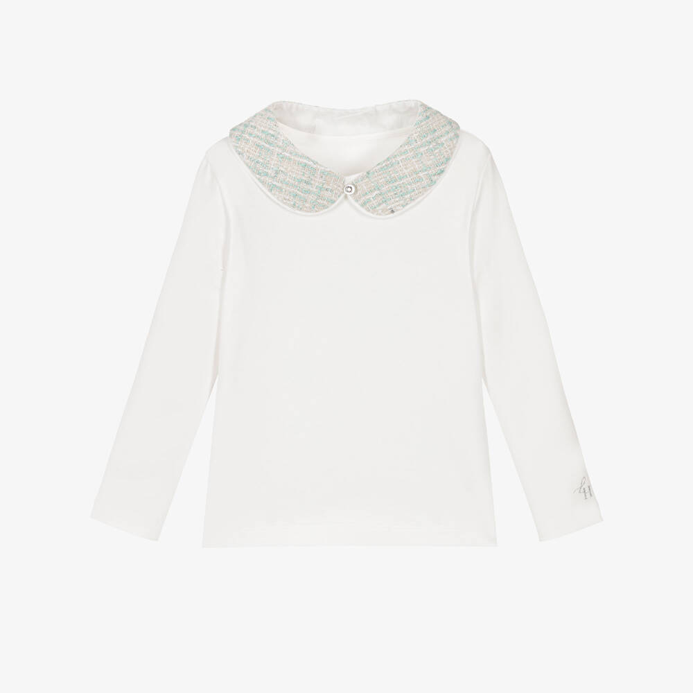 Lapin House-Girls White Cotton Long-Sleeved Top with Green Tweed Collar | Childrensalon Outlet