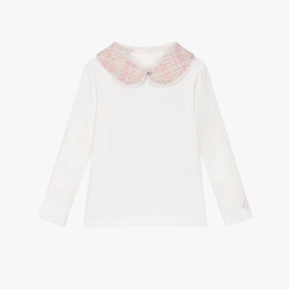 Lapin House-Girls White Cotton Long-Sleeved Top with Pink Tweed Collar | Childrensalon Outlet