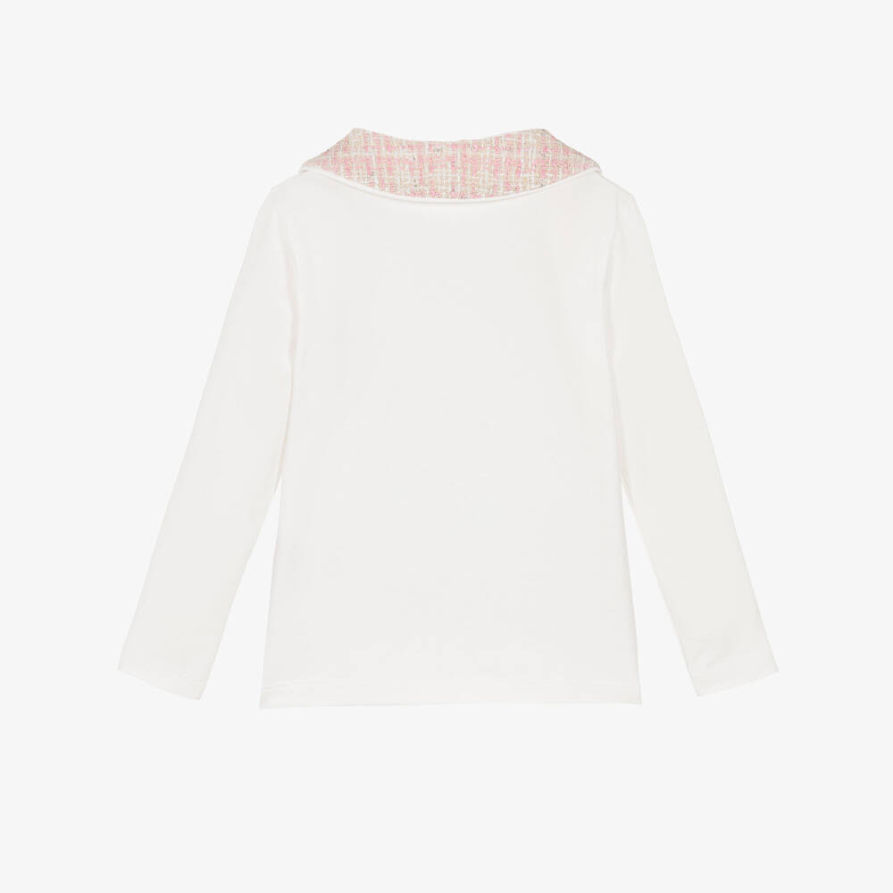 Lapin House-Girls White Cotton Long-Sleeved Top with Pink Tweed Collar | Childrensalon Outlet