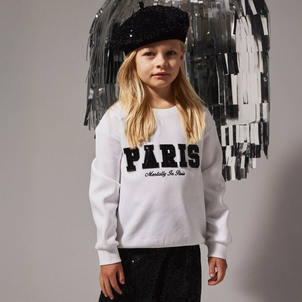 NAME IT-Girls White Cotton Paris Sweatshirt with Sequins & Beads | Childrensalon Outlet