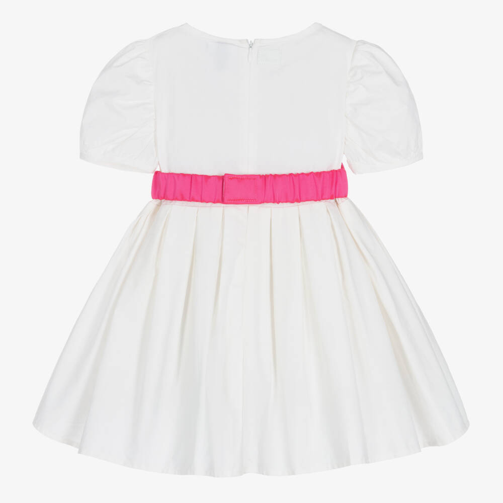 The Tiny Universe-Girls White Cotton & Pink Bow Dress | Childrensalon Outlet