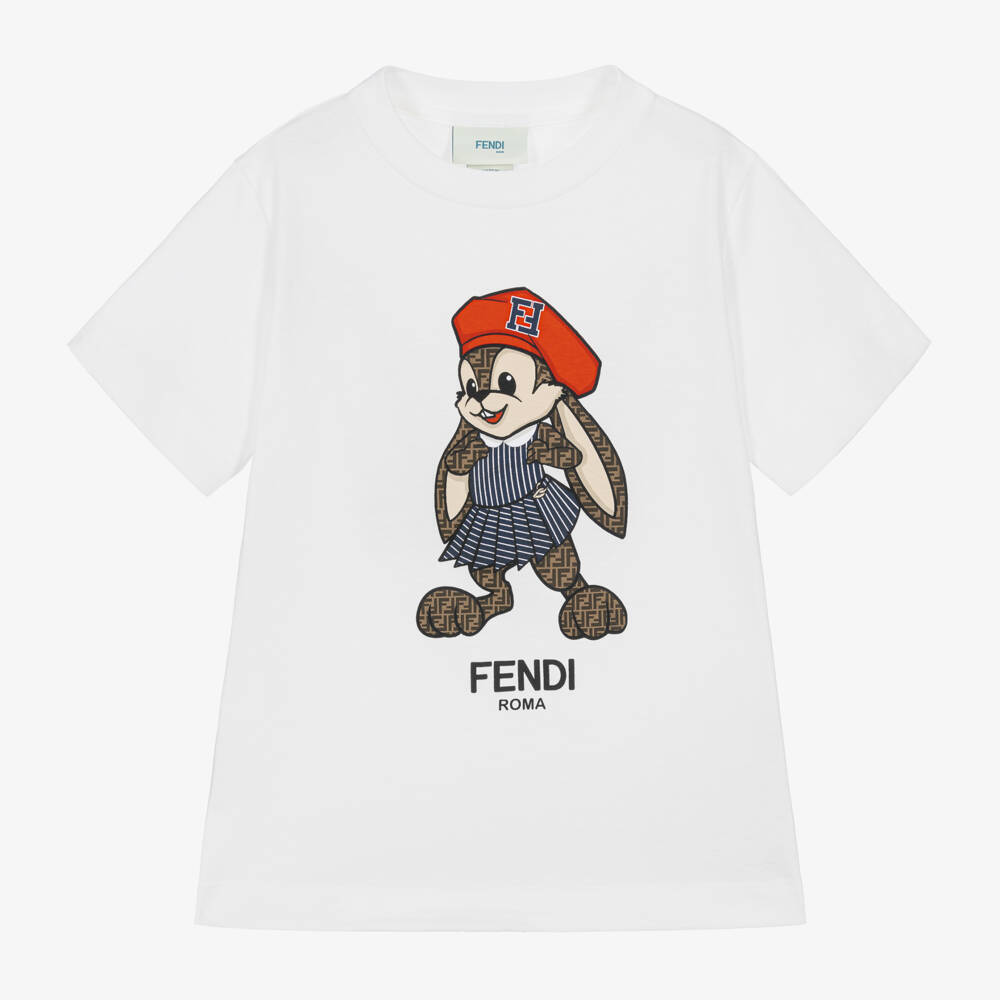 Fendi-Girls White Cotton Rabbit T-shirt | Childrensalon Outlet