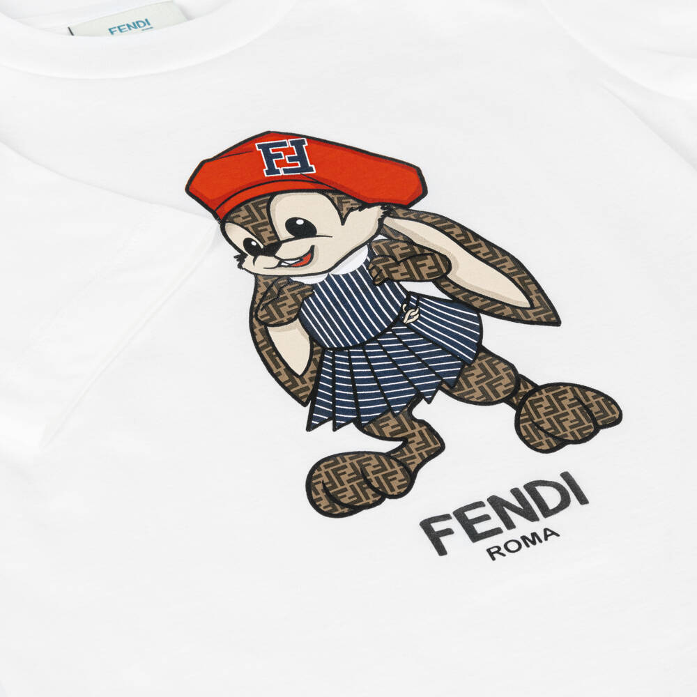 Fendi-Girls White Cotton Rabbit T-shirt | Childrensalon Outlet