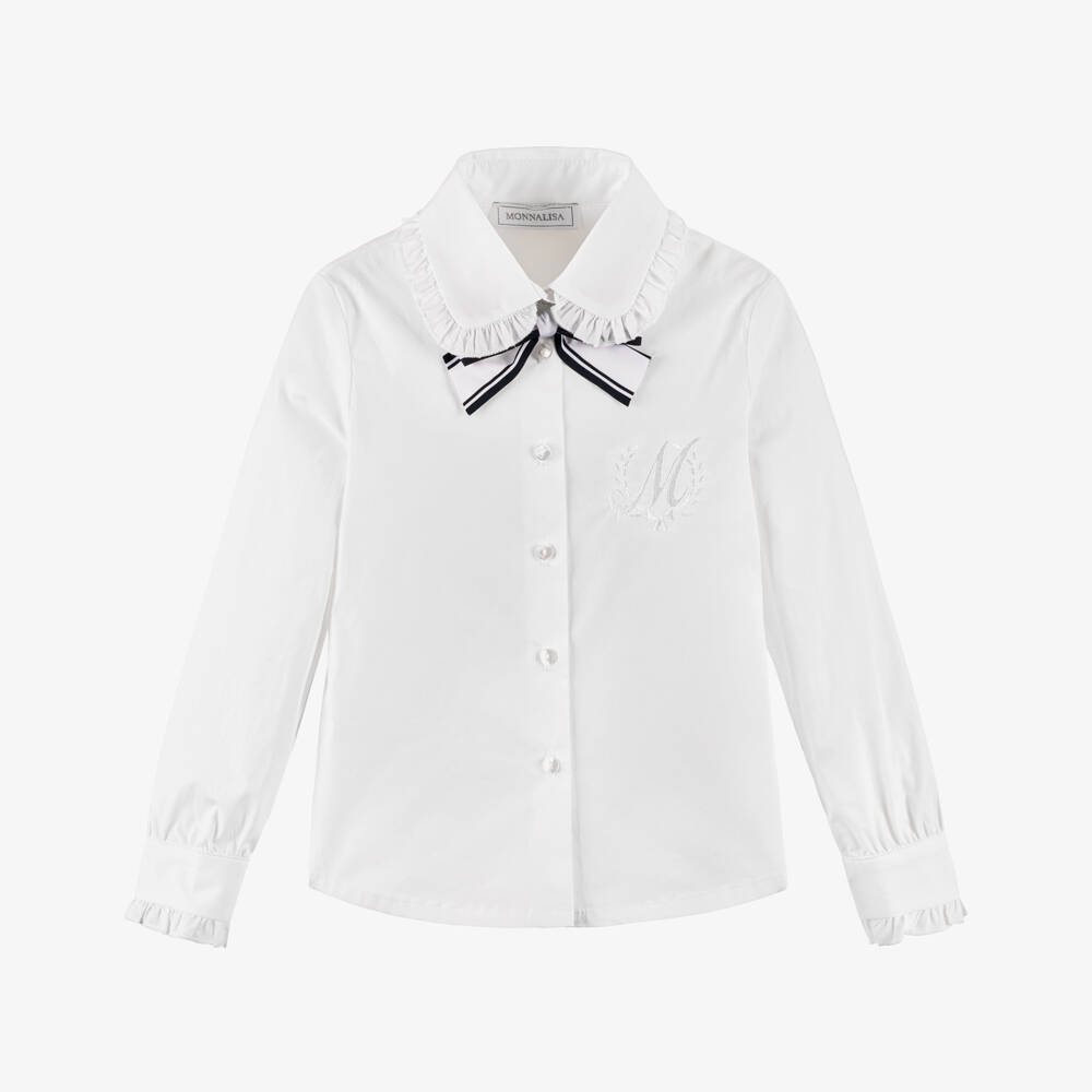 Monnalisa-Girls White Cotton Ruffle & Bow Blouse | Childrensalon Outlet