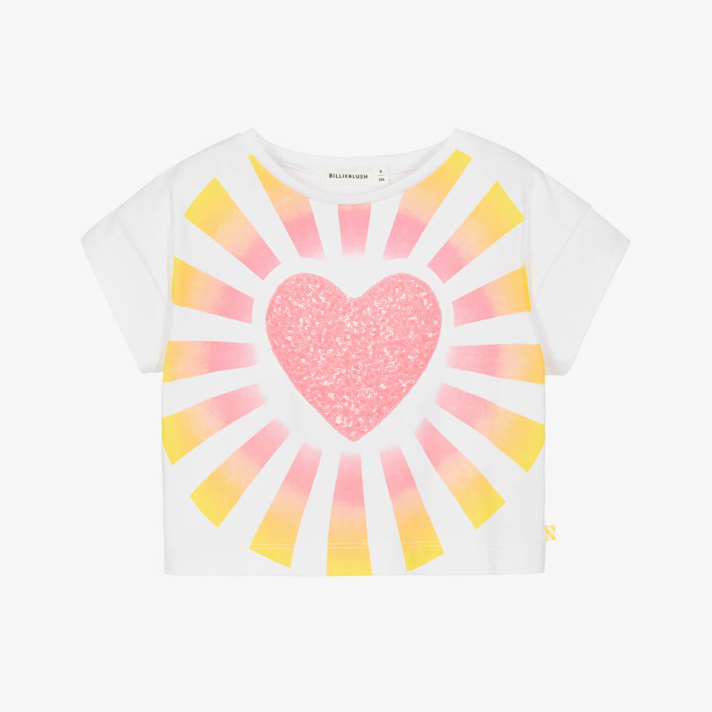 Billieblush-Girls White Cotton Sequin Heart T-Shirt | Childrensalon Outlet
