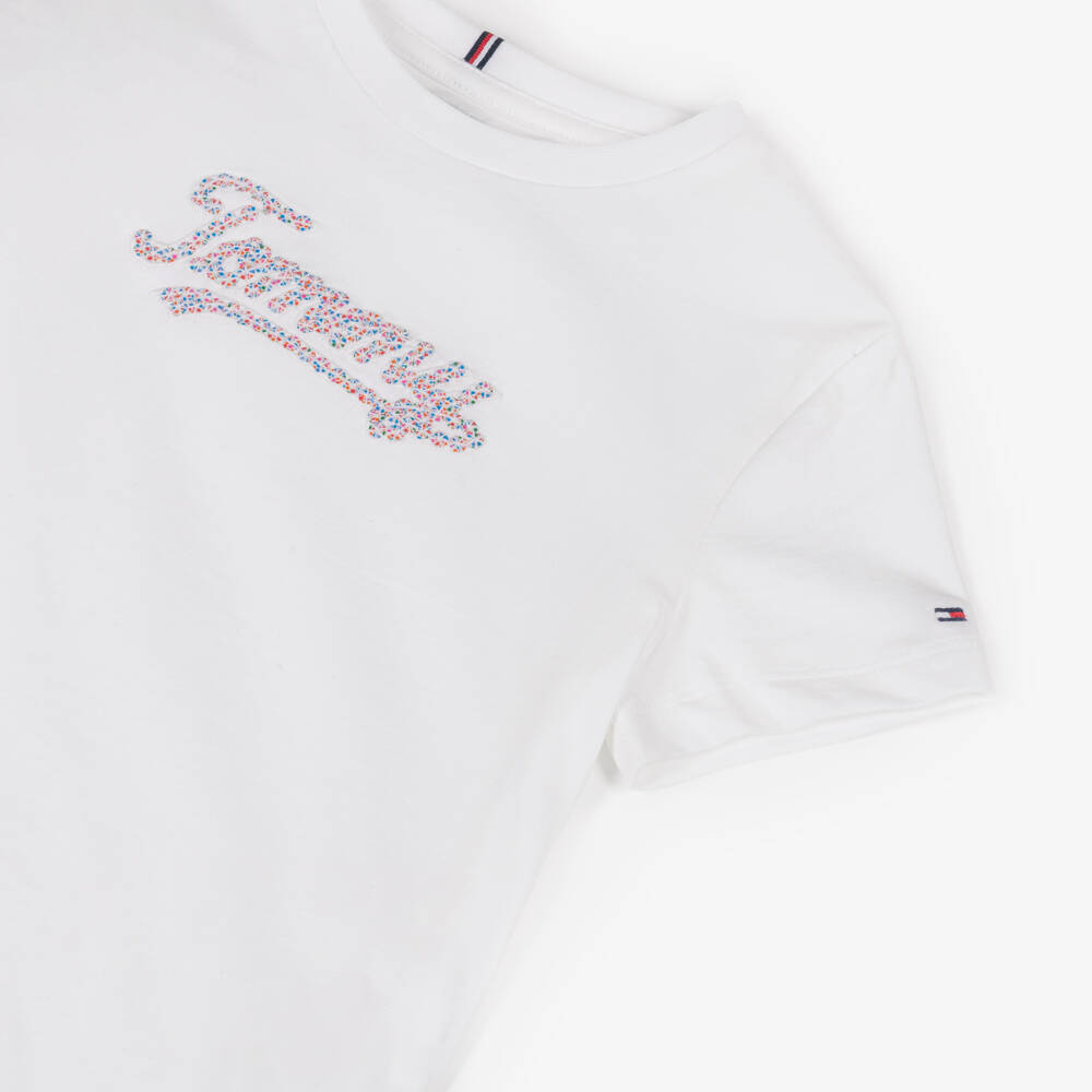 Tommy Hilfiger-Girls White Cotton Sequin Logo T-Shirt | Childrensalon Outlet