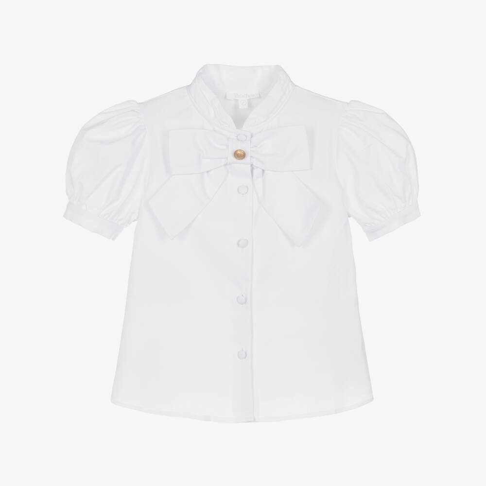 Patachou-Girls White Cotton Short Sleeve Blouse with Bow | Childrensalon Outlet