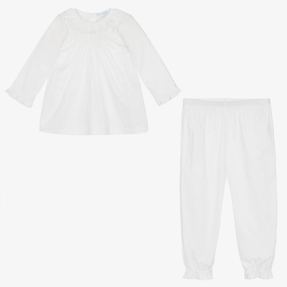Mini-la-Mode-Girls White Cotton Smocked Pyjamas | Childrensalon Outlet