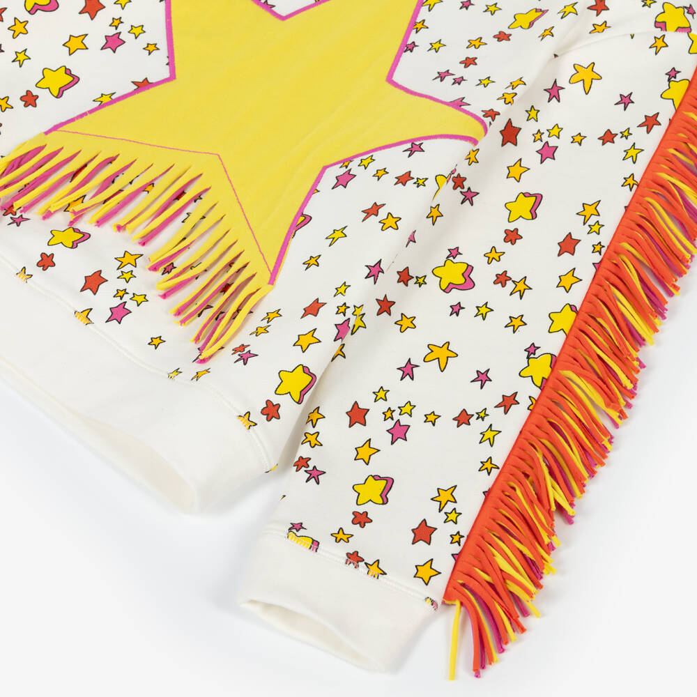 Stella McCartney Kids-Girls White Cotton Sweatshirt with Yellow Star & Fringing | Childrensalon Outlet