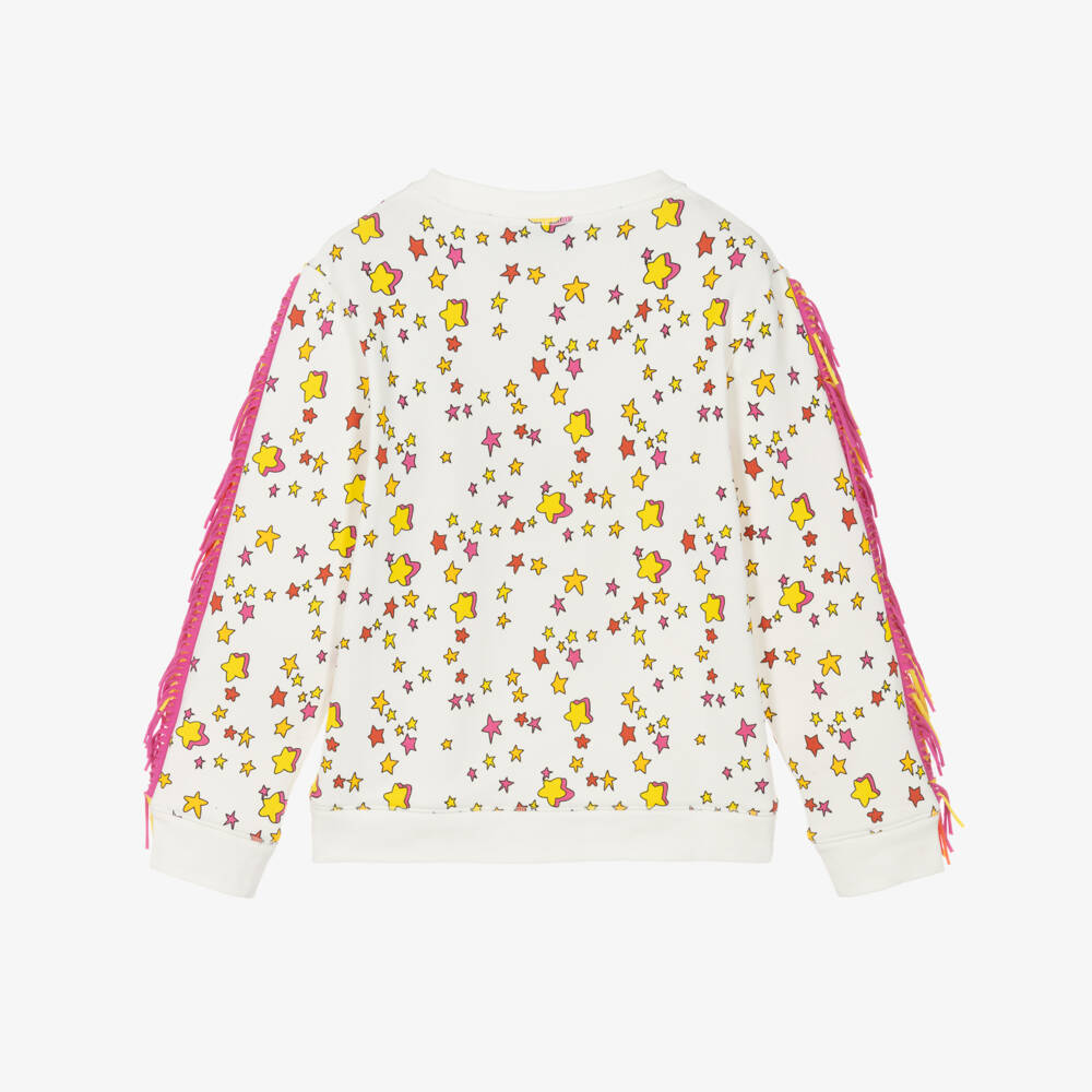 Stella McCartney Kids-Girls White Cotton Sweatshirt with Yellow Star & Fringing | Childrensalon Outlet