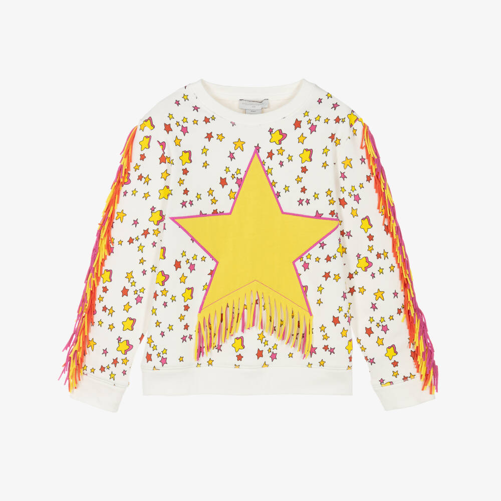 Stella McCartney Kids-Girls White Cotton Sweatshirt with Yellow Star & Fringing | Childrensalon Outlet