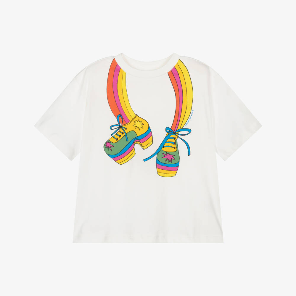 Stella McCartney Kids-Girls White Cotton T-Shirt with Colourful Shoe Print | Childrensalon Outlet