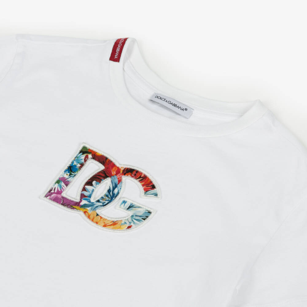 Dolce & Gabbana-Girls White Cotton T-Shirt with Floral DG Logo | Childrensalon Outlet