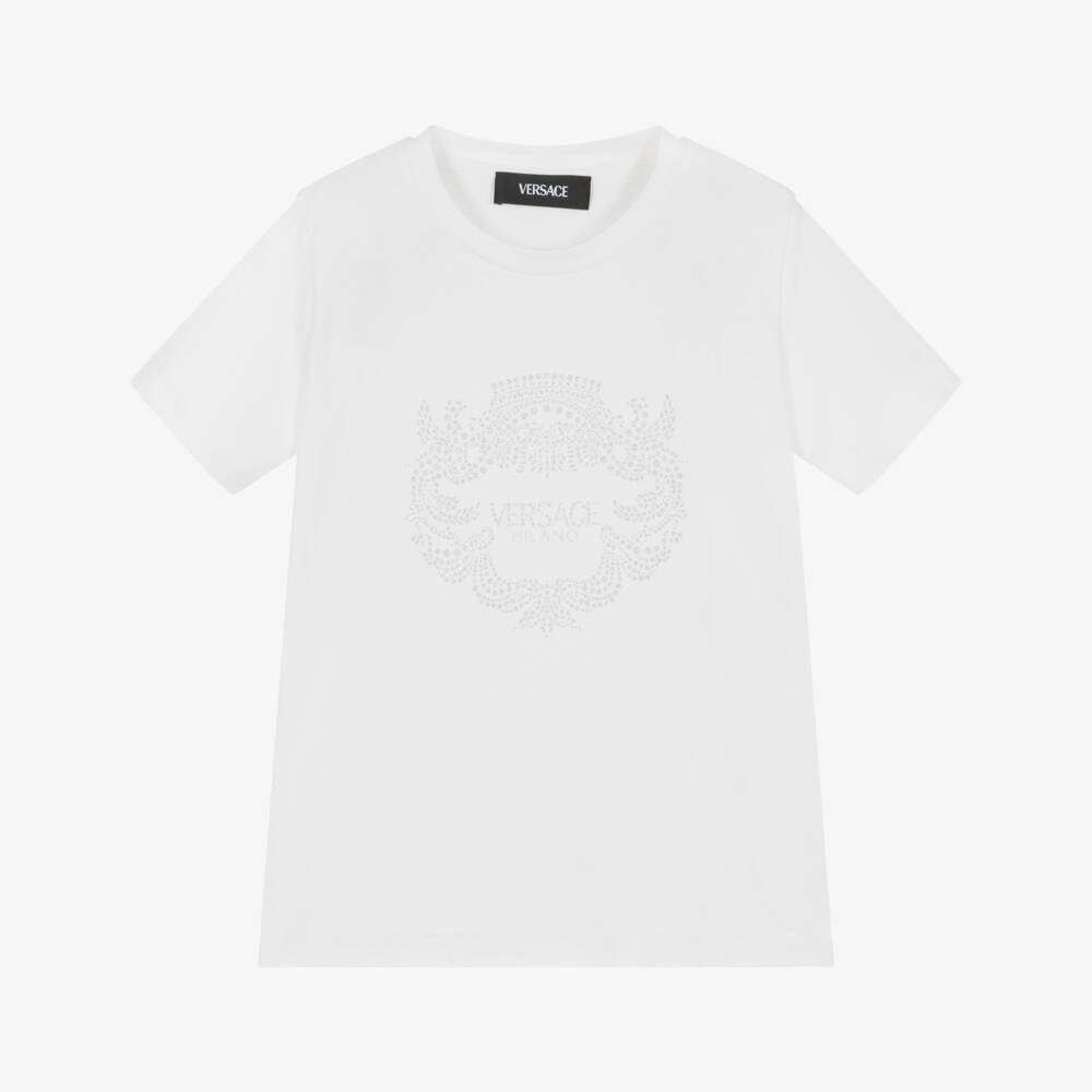 Versace-Girls White Cotton T-Shirt with Glittery Milano Logo | Childrensalon Outlet