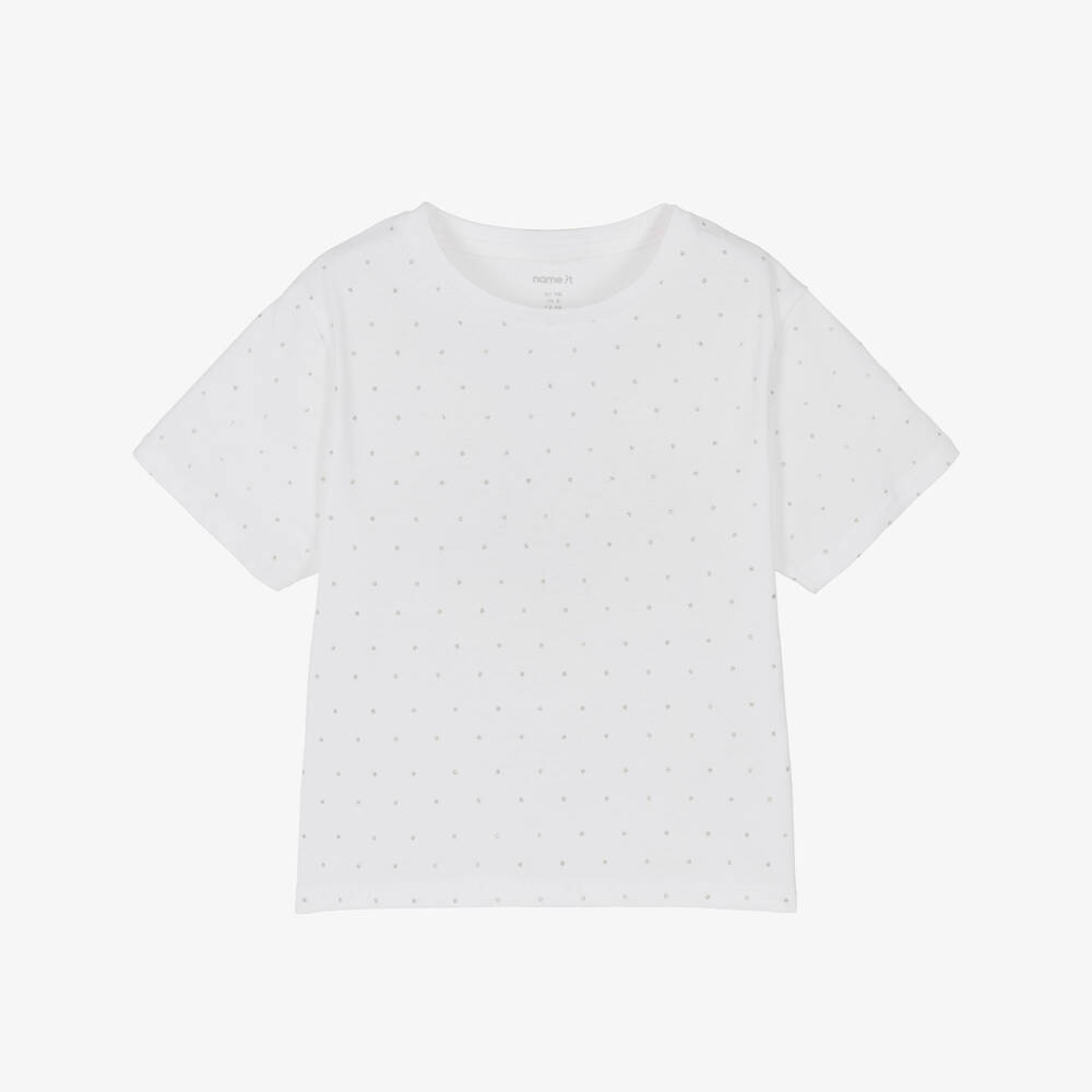 NAME IT-Girls White Cotton T-Shirt with Glittery Silver Polka Dots | Childrensalon Outlet